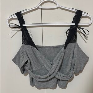 Gray Women's Wrap Top with Black Lace Straps